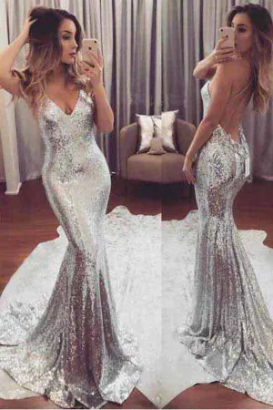 Mermaid Prom Dresses,Backless Prom Dress,Silver Sequined Prom Dresses,Evening Dress,M75