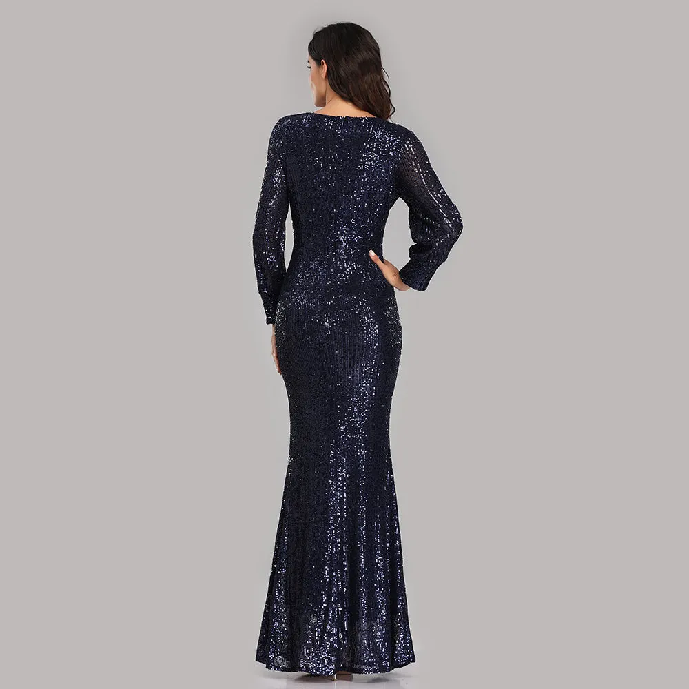 Mermaid Sequined Long Sleeves V Neck Prom Dress XU90814