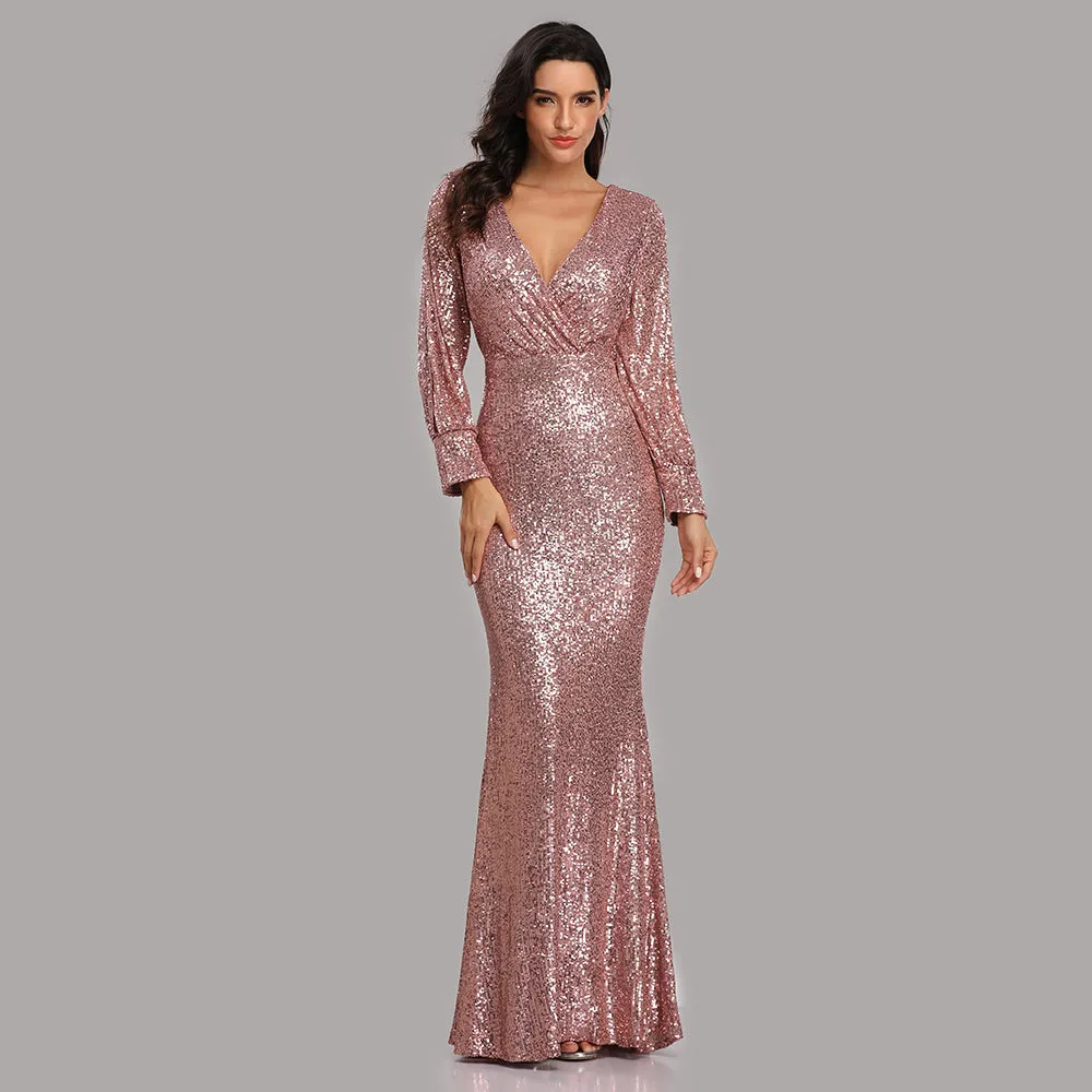 Mermaid Sequined Long Sleeves V Neck Prom Dress XU90814