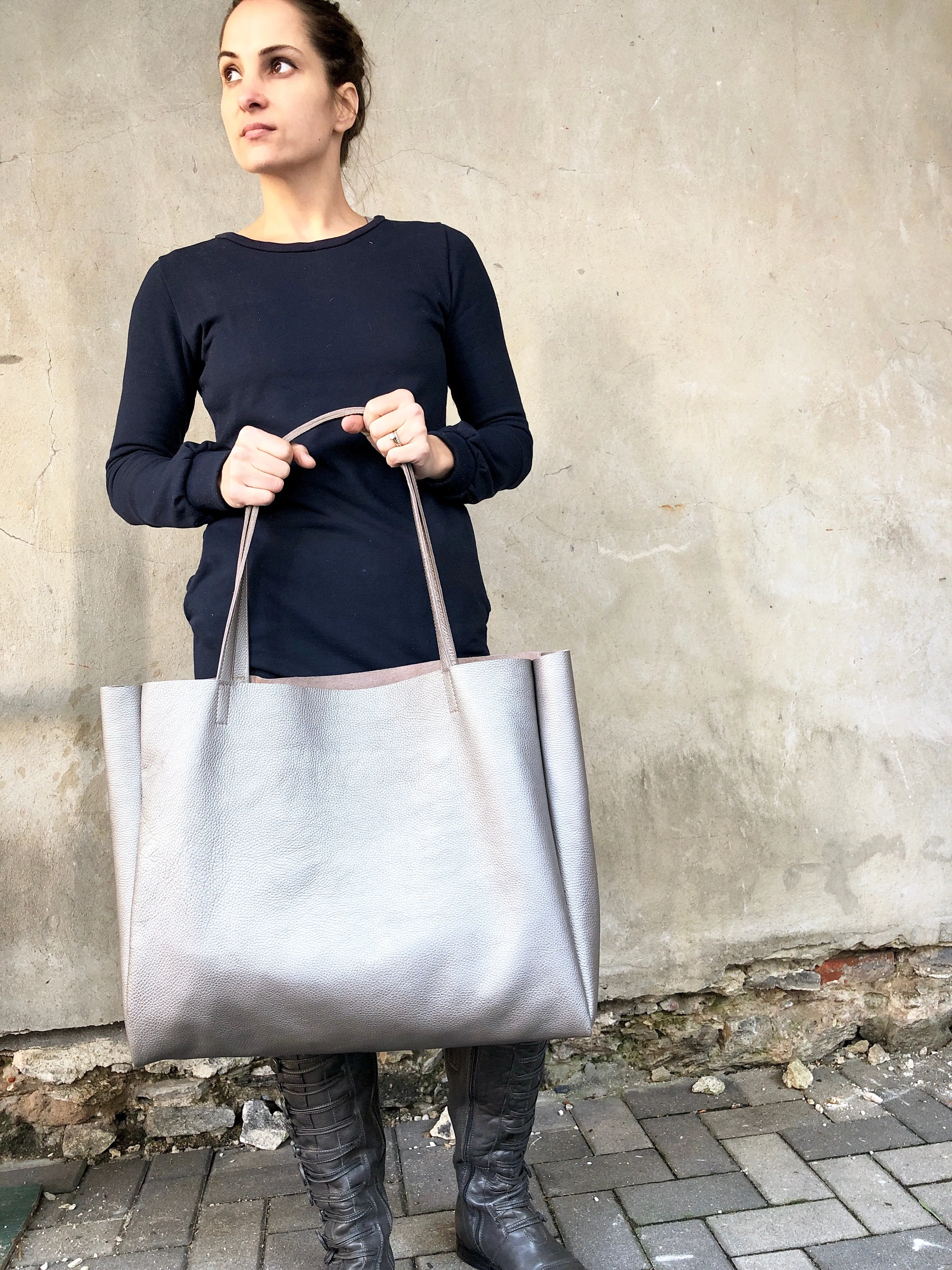 Metallic graphite oversized leather bag, Large shopper carryall