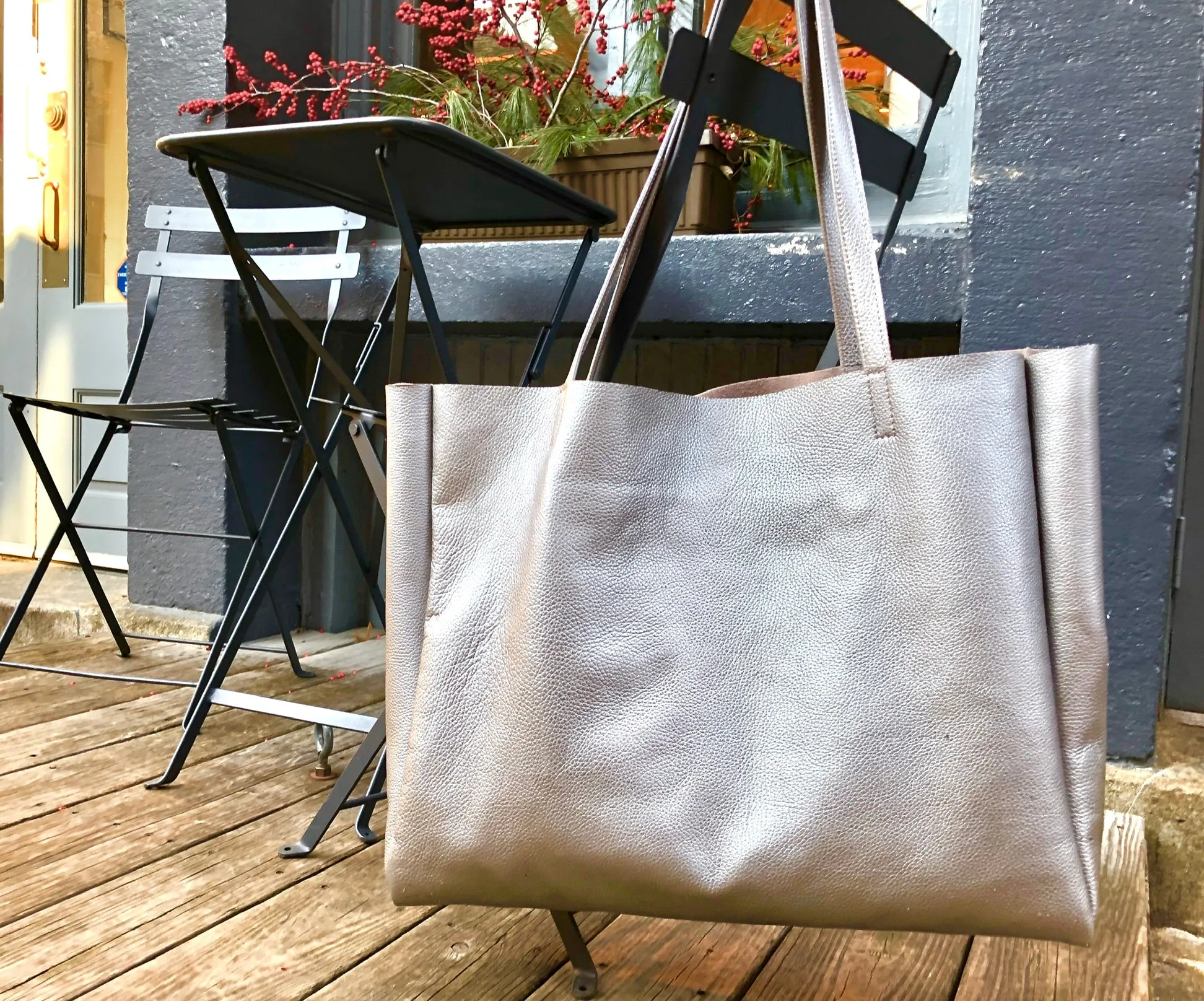 Metallic graphite oversized leather bag, Large shopper carryall