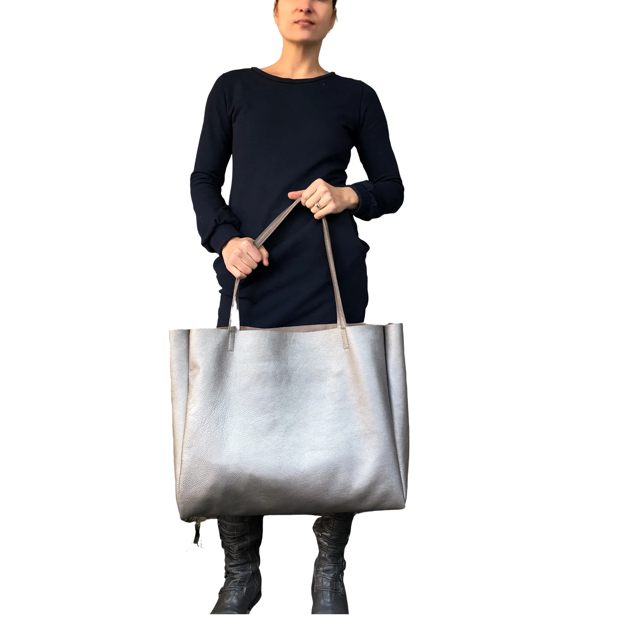 Metallic graphite oversized leather bag, Large shopper carryall