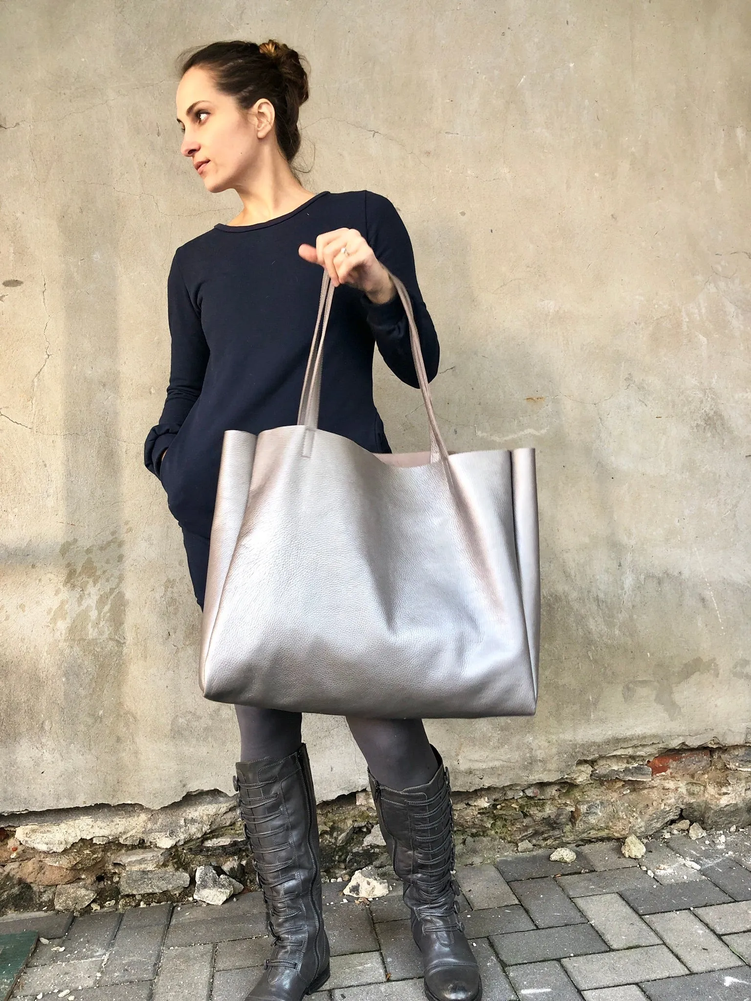Metallic graphite oversized leather bag, Large shopper carryall