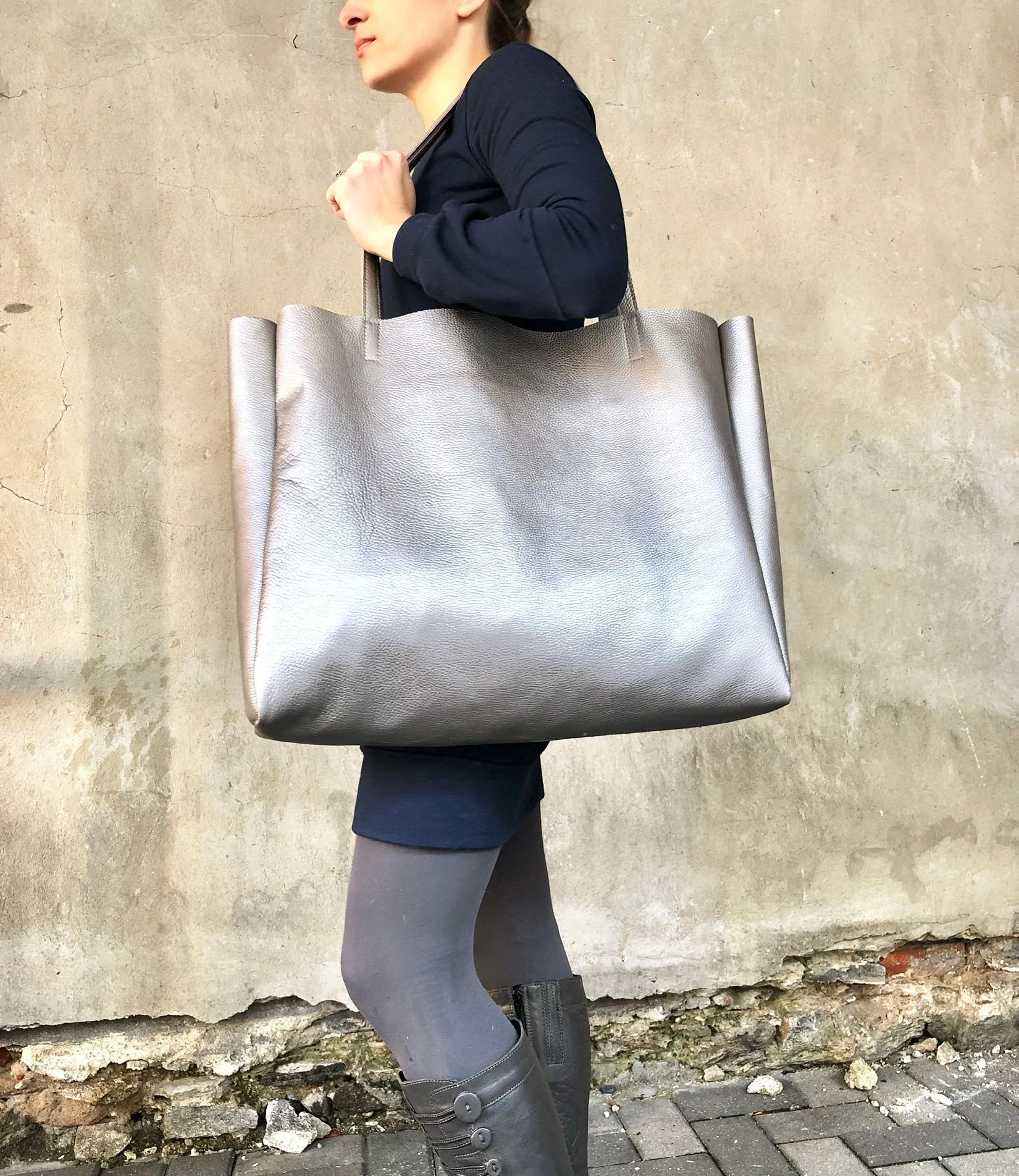 Metallic graphite oversized leather bag, Large shopper carryall