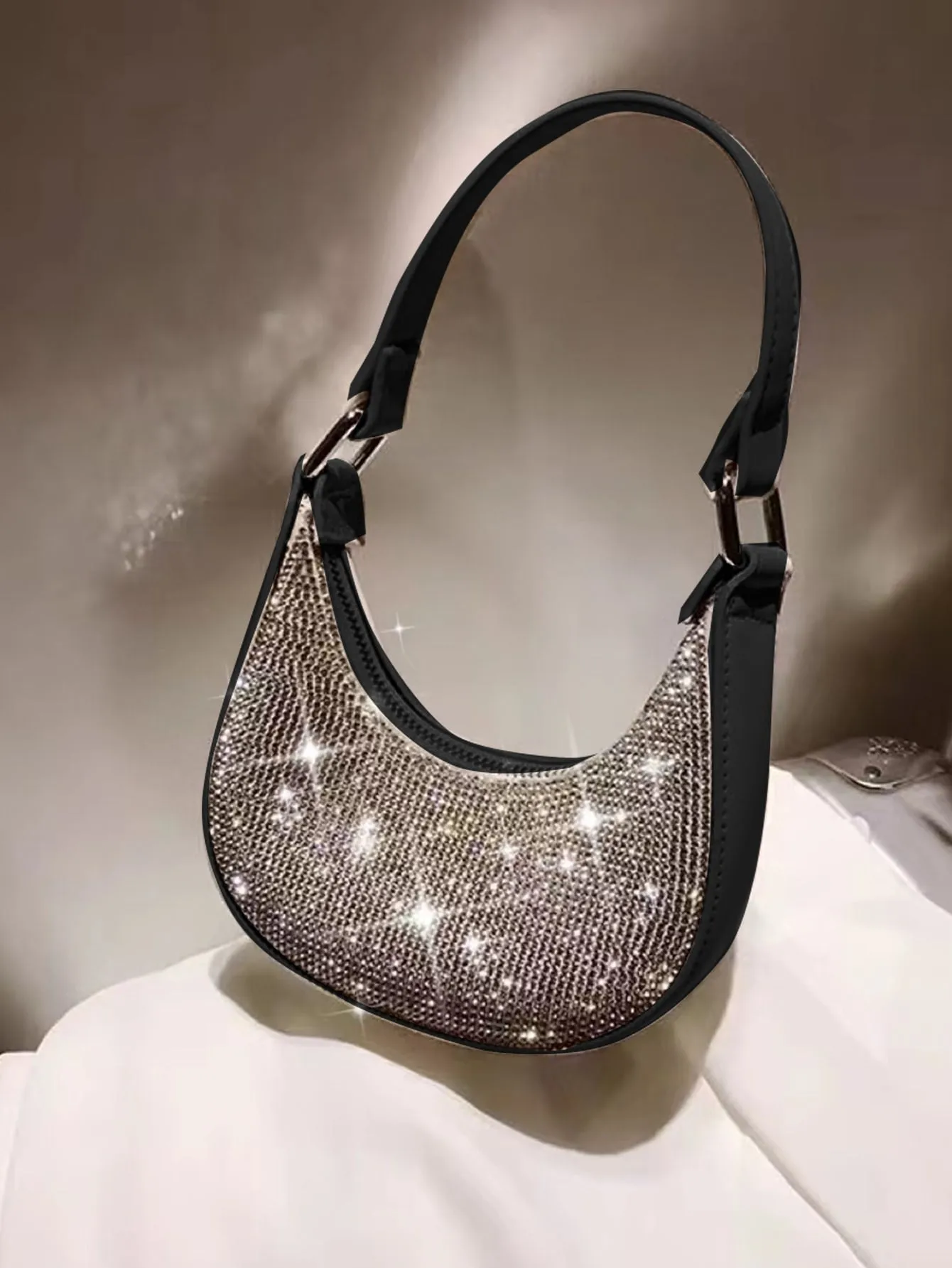 Mini Rhinestone Decor Chain Hobo Bag - Black