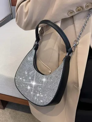 Mini Rhinestone Decor Chain Hobo Bag - Black