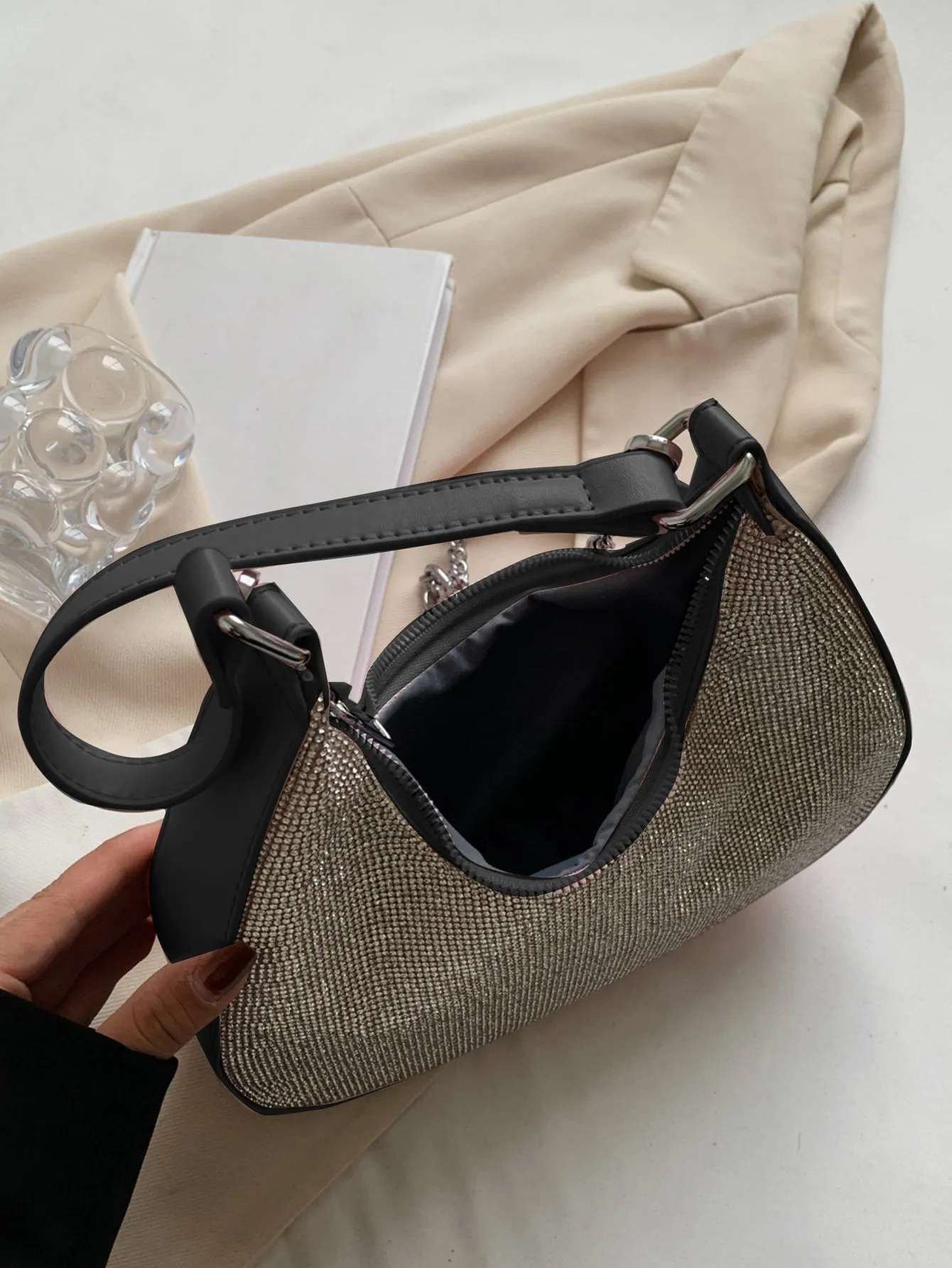 Mini Rhinestone Decor Chain Hobo Bag - Black