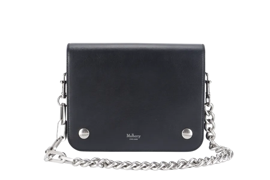 MULBERRY CLIFTON SHOULDER BAG BLACK CROSSBOARDED CALFSKIN BRUSHED SILVER HARDWARE WITH CHAIN STRAP AND DUST COVER