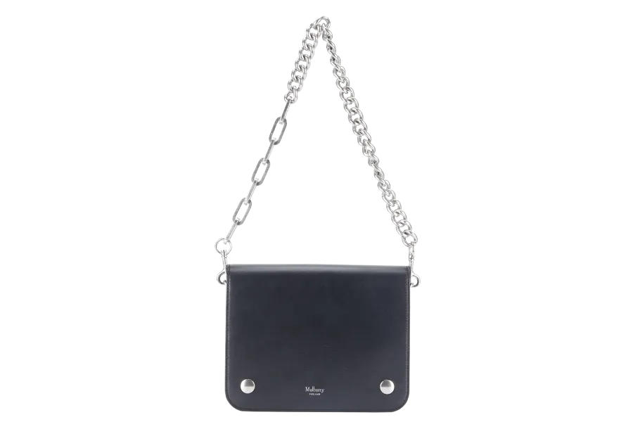 MULBERRY CLIFTON SHOULDER BAG BLACK CROSSBOARDED CALFSKIN BRUSHED SILVER HARDWARE WITH CHAIN STRAP AND DUST COVER