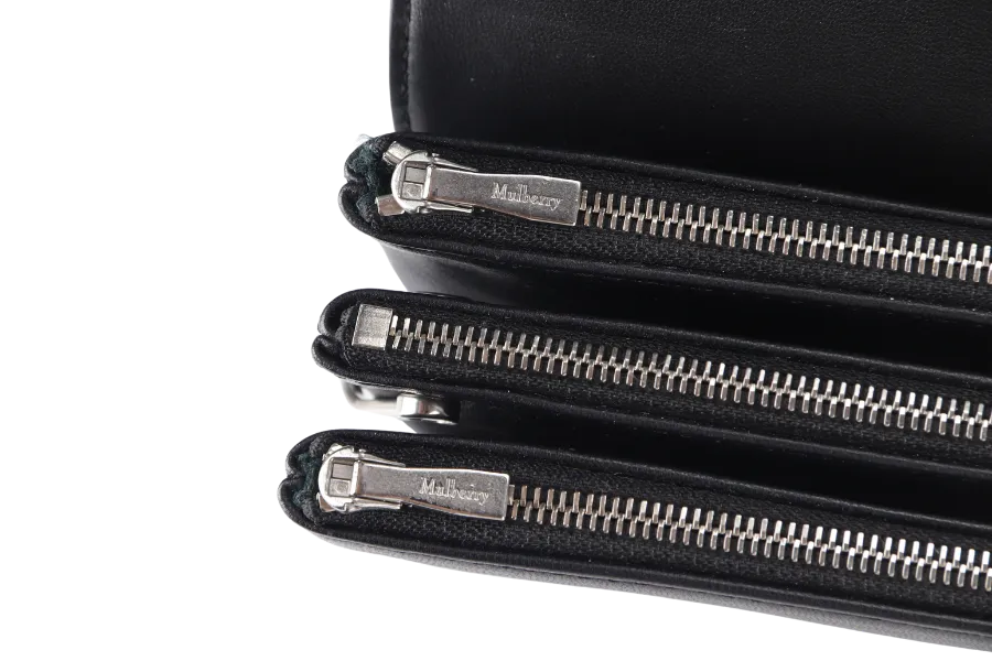 MULBERRY CLIFTON SHOULDER BAG BLACK CROSSBOARDED CALFSKIN BRUSHED SILVER HARDWARE WITH CHAIN STRAP AND DUST COVER