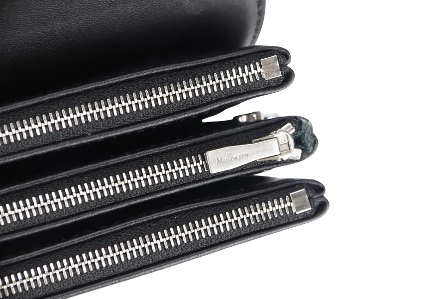 MULBERRY CLIFTON SHOULDER BAG BLACK CROSSBOARDED CALFSKIN BRUSHED SILVER HARDWARE WITH CHAIN STRAP AND DUST COVER