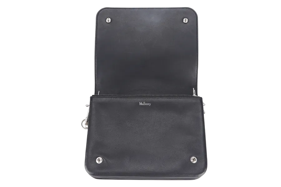 MULBERRY CLIFTON SHOULDER BAG BLACK CROSSBOARDED CALFSKIN BRUSHED SILVER HARDWARE WITH CHAIN STRAP AND DUST COVER