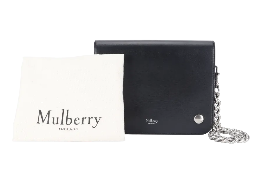 MULBERRY CLIFTON SHOULDER BAG BLACK CROSSBOARDED CALFSKIN BRUSHED SILVER HARDWARE WITH CHAIN STRAP AND DUST COVER