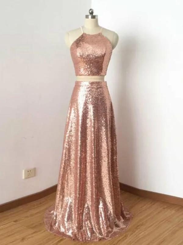 New Arrival Two Piece Sequined Cheap Long A Line  Prom Dresses OKA16