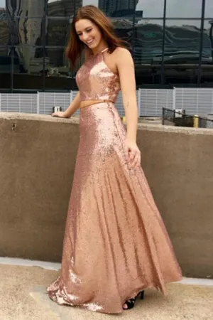 New Arrival Two Piece Sequined Cheap Long A Line  Prom Dresses OKA16
