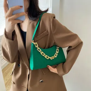New Retro Solid Color Bag Women‘S Bag Simple Foreign Style Fashion Casual One Shoulder Portable Armpit Small, Felt Quilted Green with Gold Chain