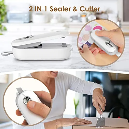 ODSD Mini Bag Sealer, 2 IN 1 Heat Sealer & Cutter Battery Powered, Portable Handheld Bag Resealer Vacuum Sealer Saver Machine Kitchen Gadget for Chip Bags Food Storage (Battery Included)