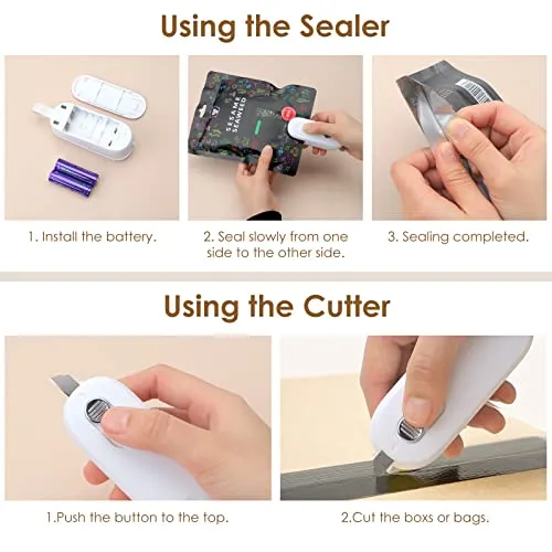 ODSD Mini Bag Sealer, 2 IN 1 Heat Sealer & Cutter Battery Powered, Portable Handheld Bag Resealer Vacuum Sealer Saver Machine Kitchen Gadget for Chip Bags Food Storage (Battery Included)