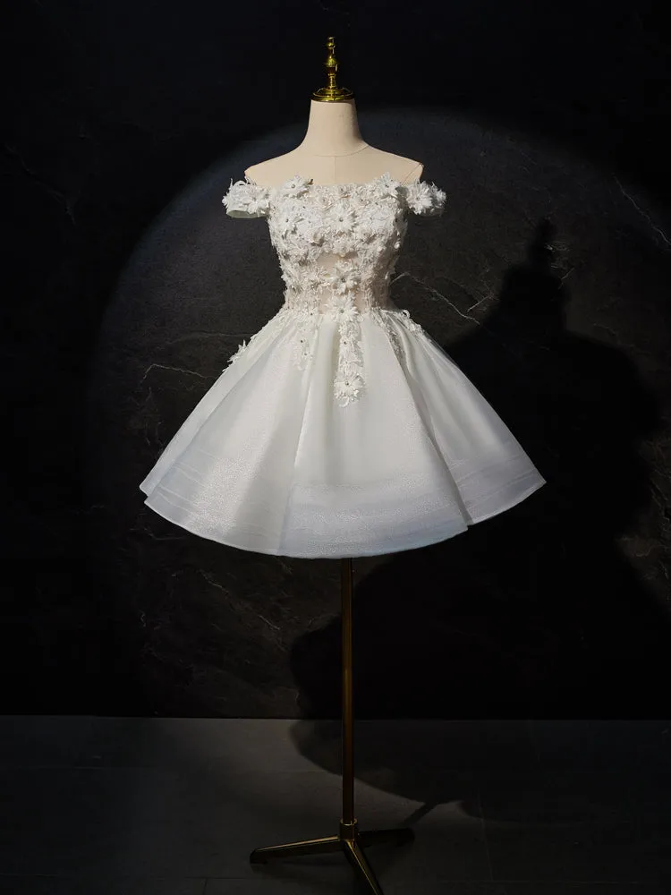 Off-the-shoulder Princess Ivory Homecoming Dresses with 3D Flower Appliques