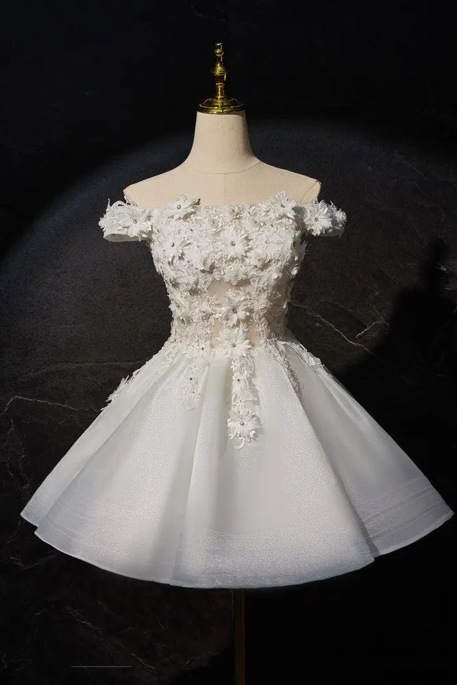 Off-the-shoulder Princess Ivory Homecoming Dresses with 3D Flower Appliques