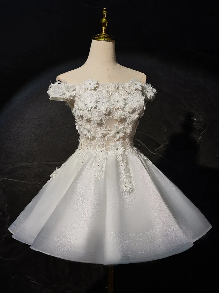 Off-the-shoulder Princess Ivory Homecoming Dresses with 3D Flower Appliques