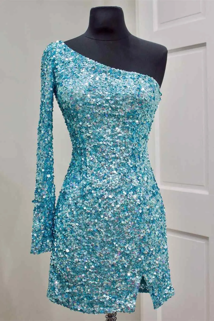 One Sleeve Hot Pink Sequined Short School Party Dress Homecoming Dress OK1456