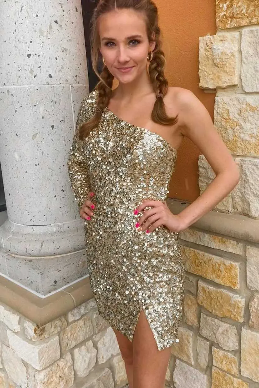 One Sleeve Hot Pink Sequined Short School Party Dress Homecoming Dress OK1456