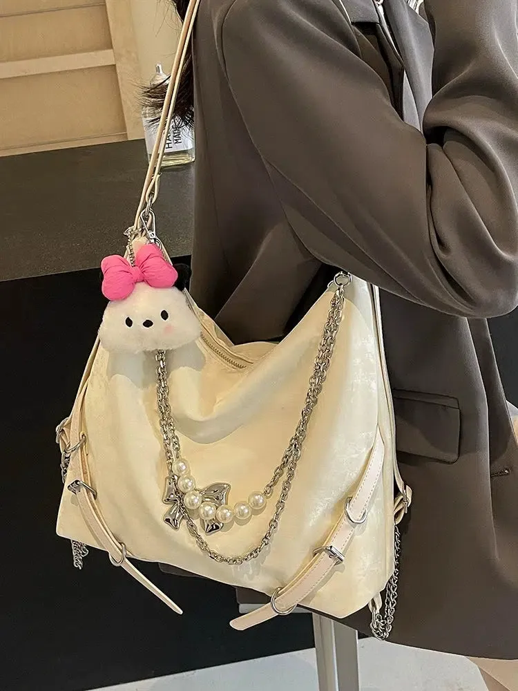 Pearl Chain Bow Decoration Tote Bag