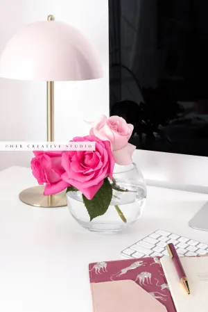 Pink Roses on Workspace. Stock Photo