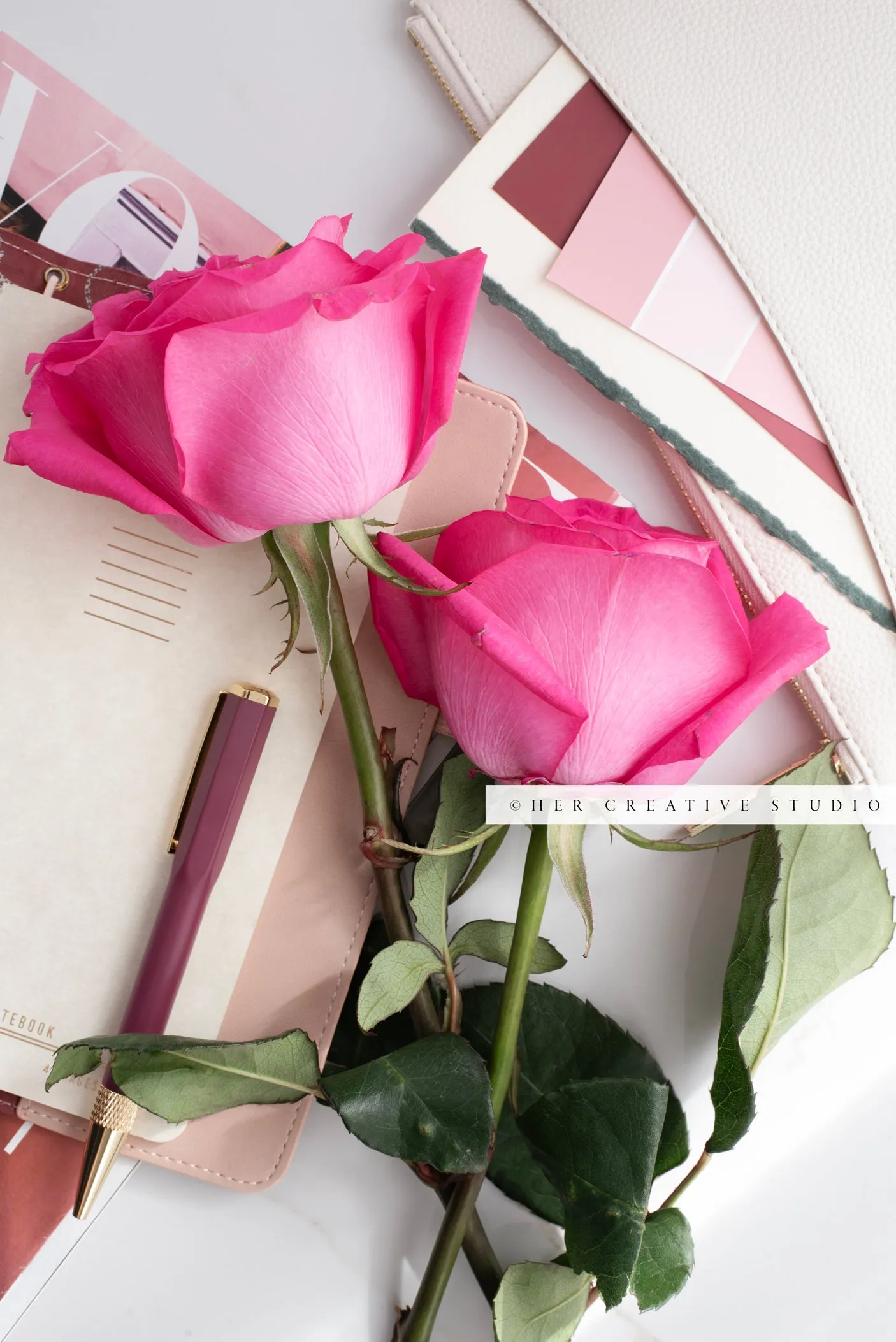 Pink Roses, Pen and Notebook. Stock Photo