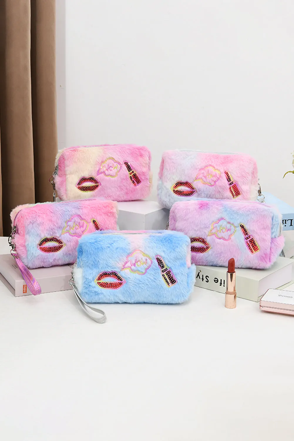 Pink Sequined Lip Lipstick Fluffy Cosmetic Bag
