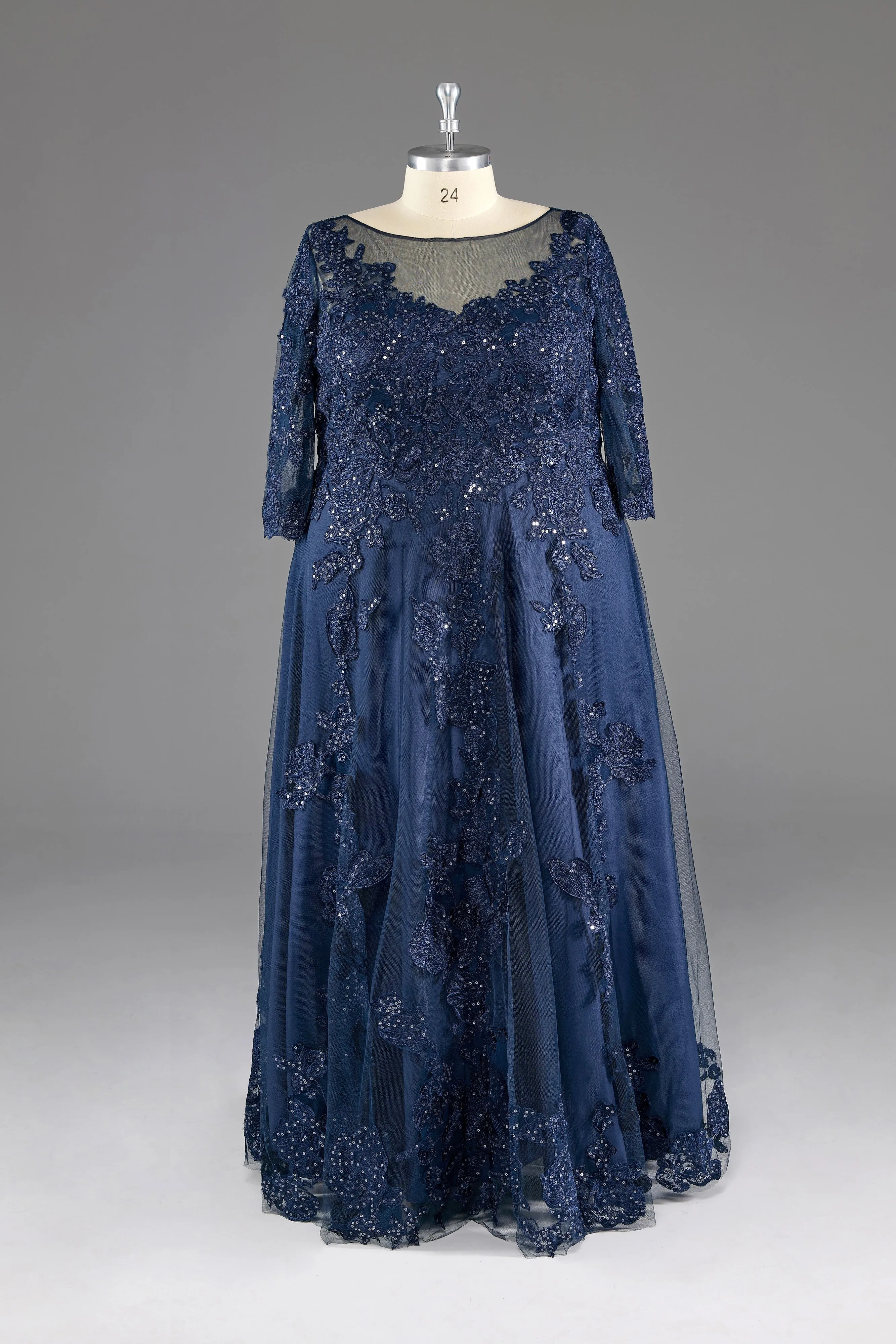 Plus size Half sleeves Sequined Elegant Lace Prom Dress