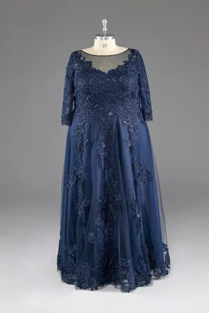 Plus size Half sleeves Sequined Elegant Lace Prom Dress