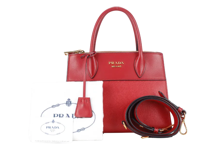 PRADA IBA116 RED ROSSO SAFFIANO x SMOOTH LEATHER BAG WITH STRAPS, CARD AND DUST COVER