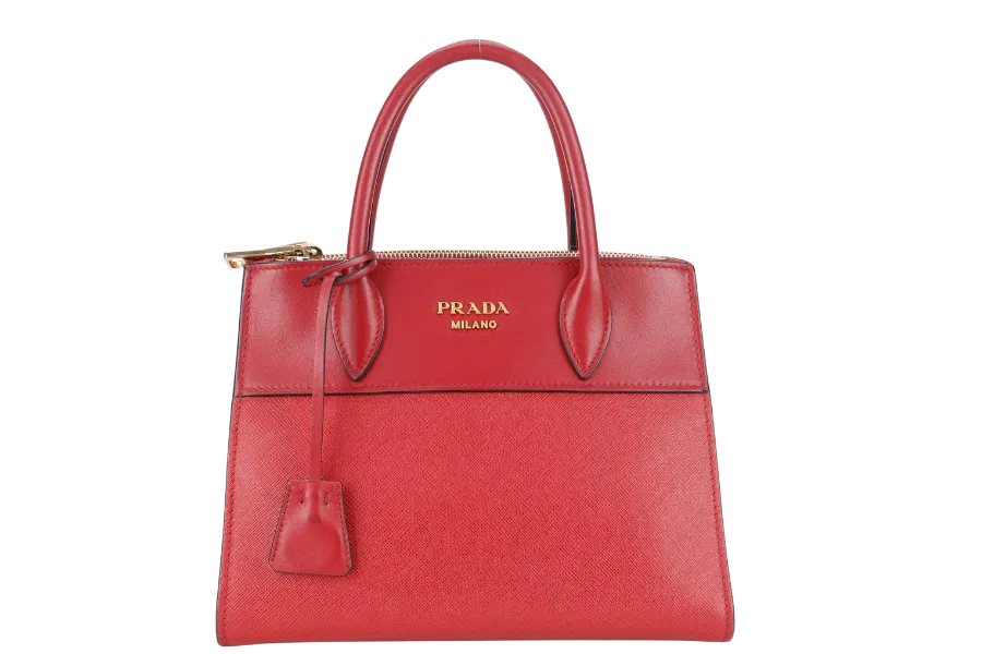 PRADA IBA116 RED ROSSO SAFFIANO x SMOOTH LEATHER BAG WITH STRAPS, CARD AND DUST COVER