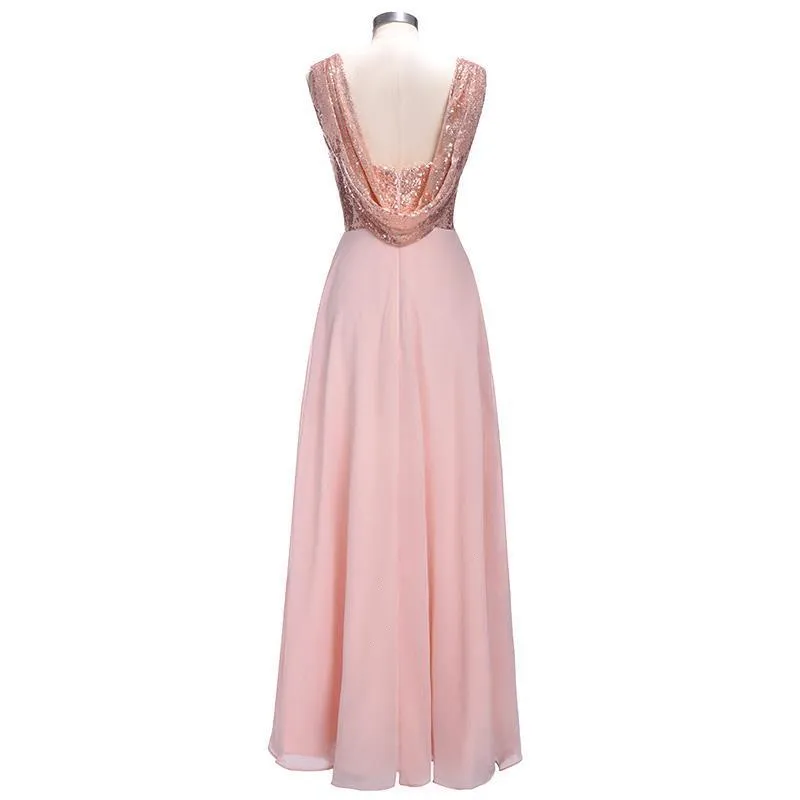 Rose Gold A Line Spaghetti Straps Prom Gowns Backless Sequined Chiffon Bridesmaid Dress OKI10