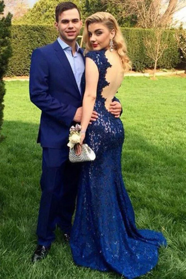 Royal Blue Mermaid Lace Backless Floor-Length Long Prom Dresses, MP294