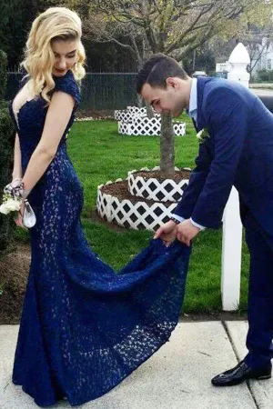 Royal Blue Mermaid Lace Backless Floor-Length Long Prom Dresses, MP294
