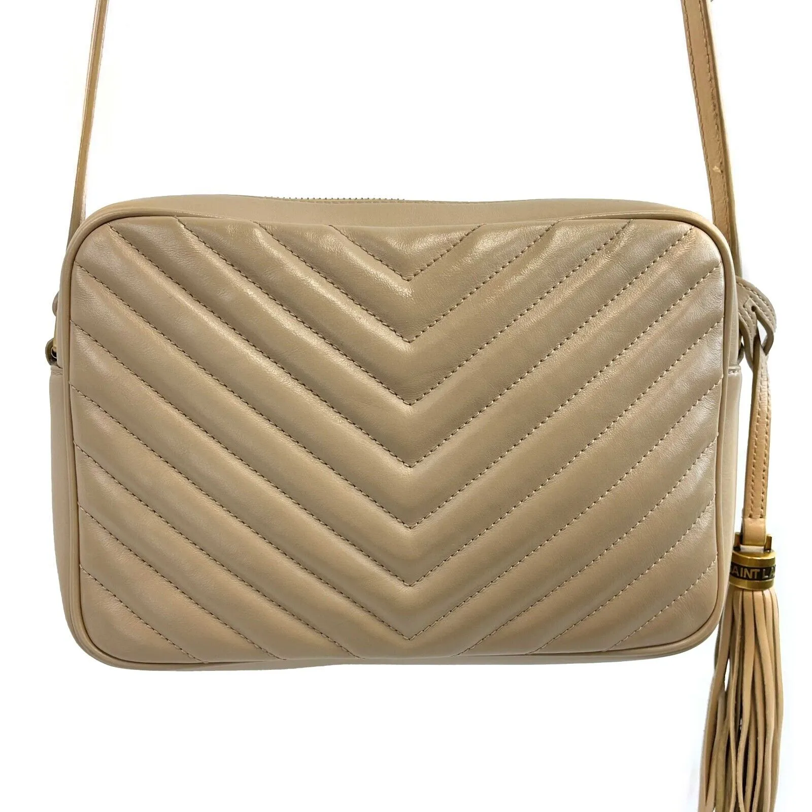 Saint Laurent - YSL Dark Beige Chevron Leather Small Camera Bag w/ Tassel Crossbody