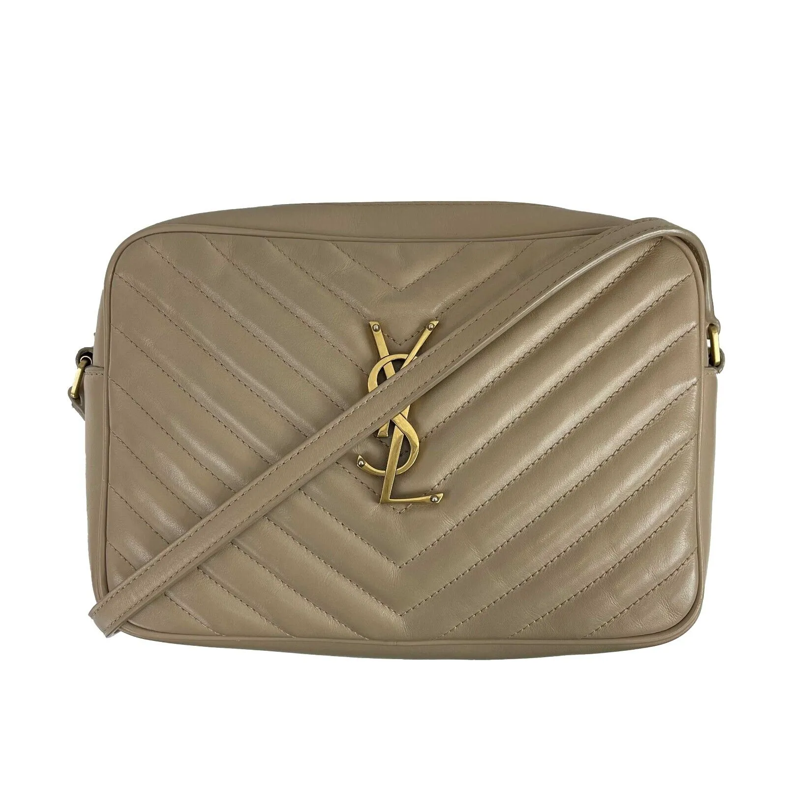 Saint Laurent - YSL Dark Beige Chevron Leather Small Camera Bag w/ Tassel Crossbody