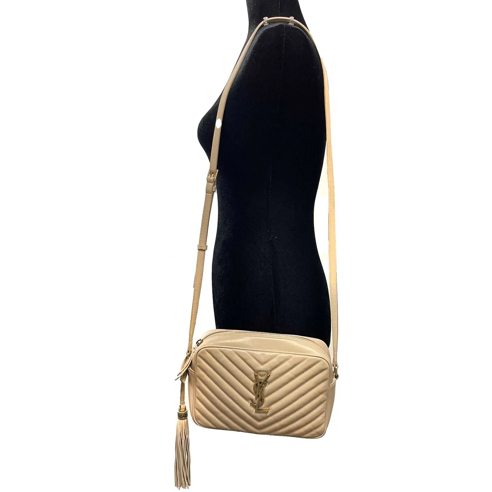 Saint Laurent - YSL Dark Beige Chevron Leather Small Camera Bag w/ Tassel Crossbody