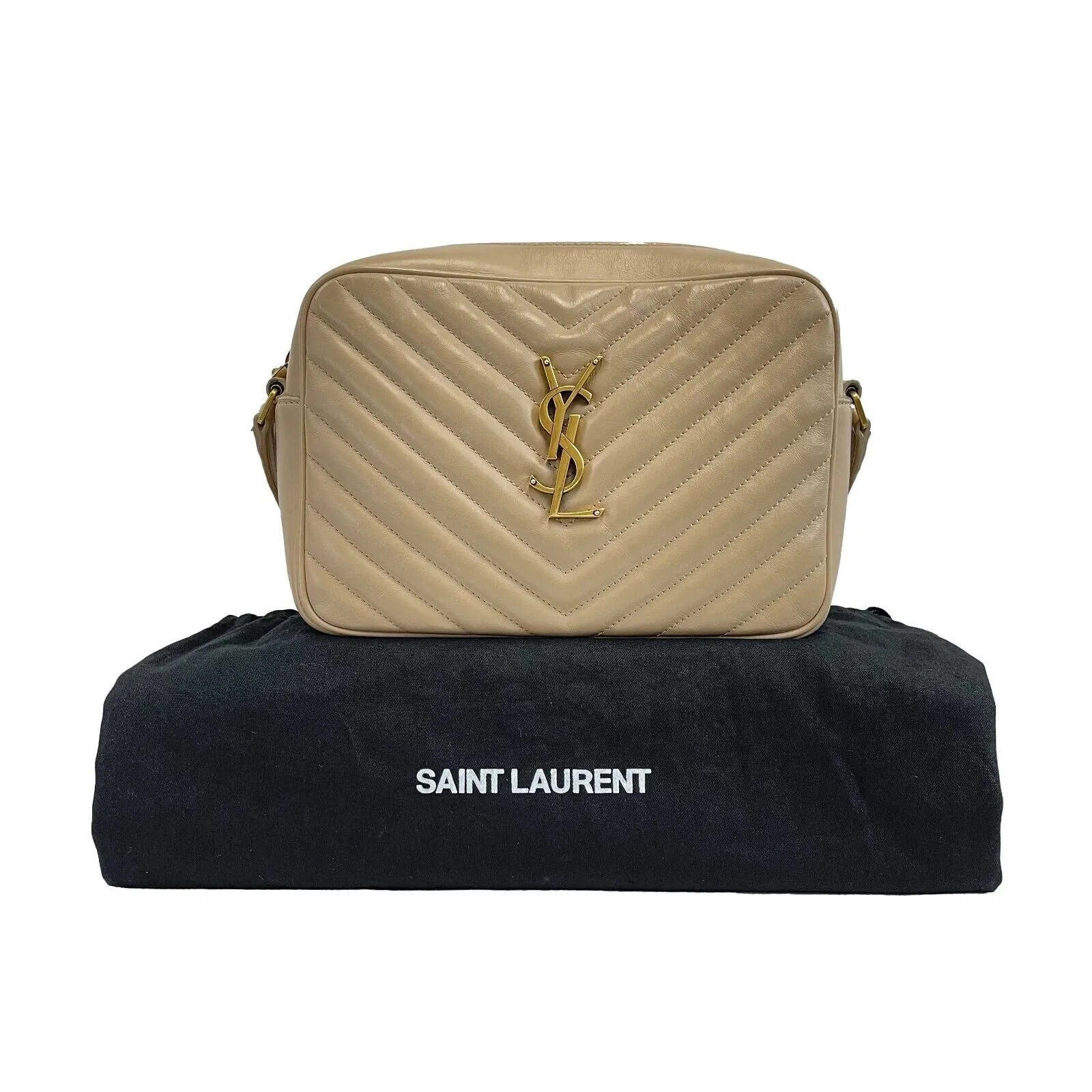 Saint Laurent - YSL Dark Beige Chevron Leather Small Camera Bag w/ Tassel Crossbody