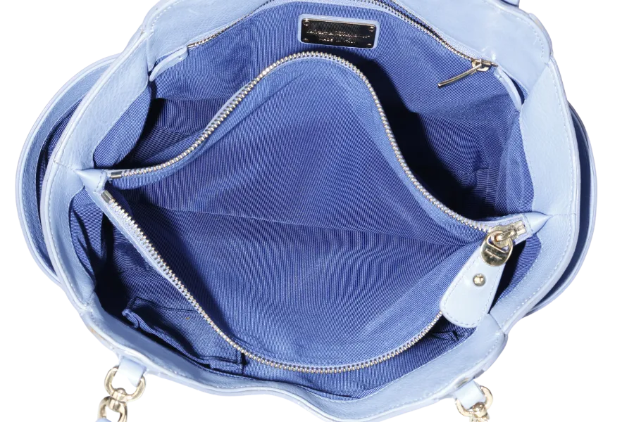 SALVATORE FERRAGAMO MELINDA TOTE BAG SMALL LIGHT BLUE LEATHER GOLD HARDWARE WITH DUST COVER