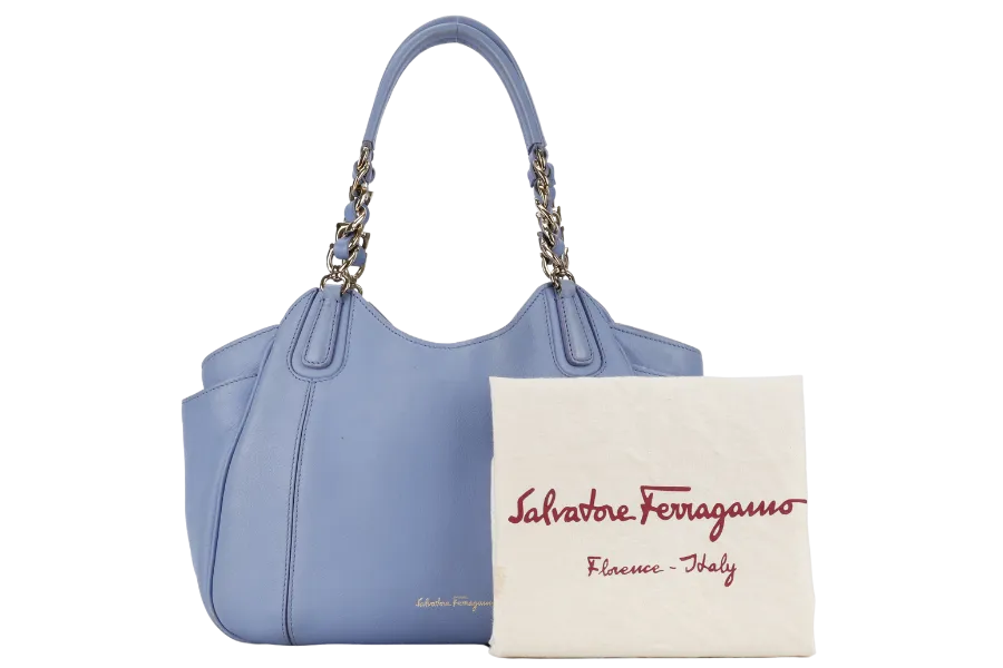 SALVATORE FERRAGAMO MELINDA TOTE BAG SMALL LIGHT BLUE LEATHER GOLD HARDWARE WITH DUST COVER