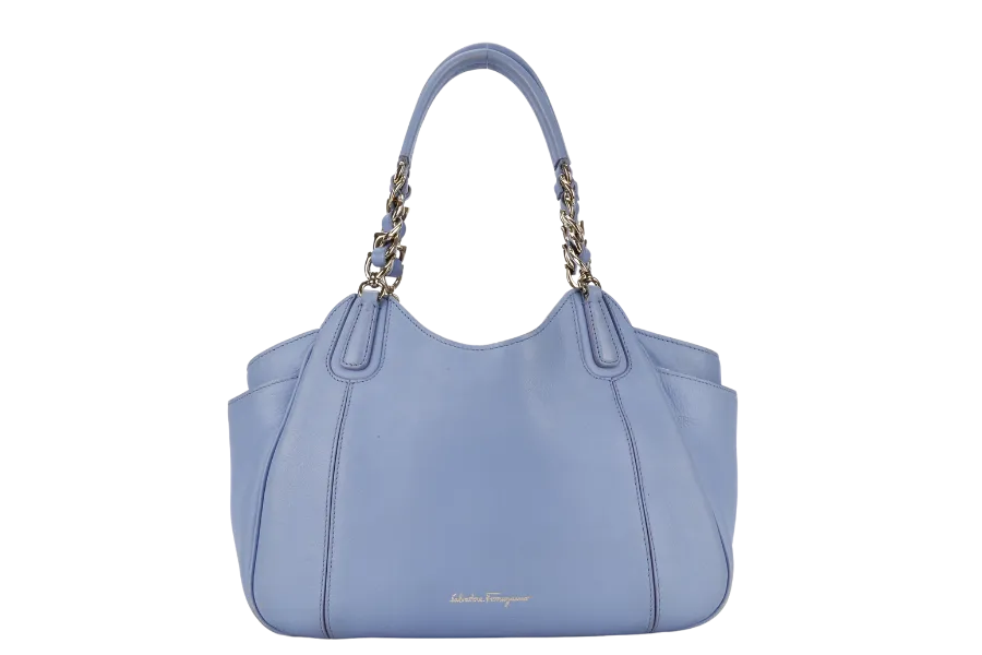 SALVATORE FERRAGAMO MELINDA TOTE BAG SMALL LIGHT BLUE LEATHER GOLD HARDWARE WITH DUST COVER