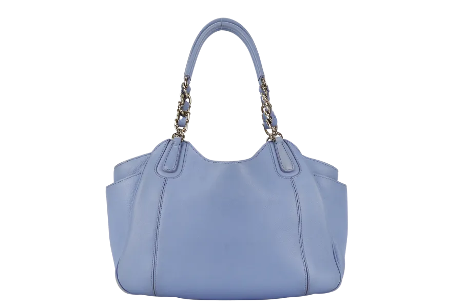 SALVATORE FERRAGAMO MELINDA TOTE BAG SMALL LIGHT BLUE LEATHER GOLD HARDWARE WITH DUST COVER