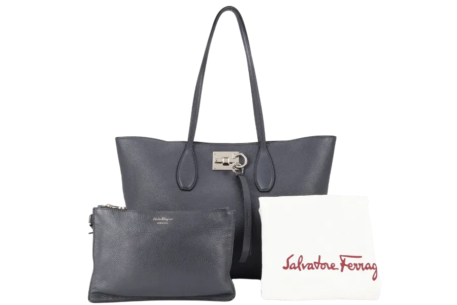 SALVATORE FERRAGAMO STUDIO TOTE BAG GRAY LEATHER GOLD HARDWARE NO DUST COVER