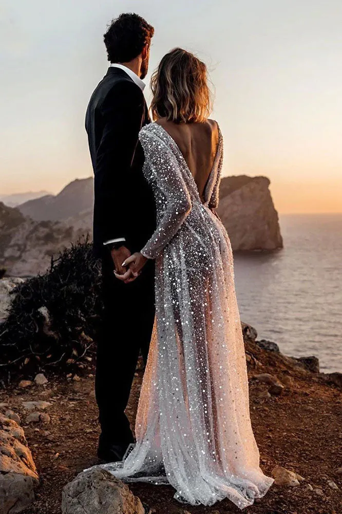 Sexy Illusion Boho A-line Backless Bride Dress Sequined Beading Mermaid Wedding Dress OKV67