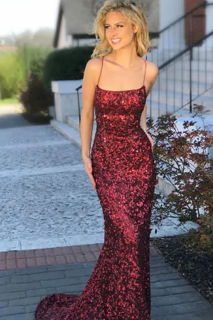 Sexy Sheath Mermaid Spaghetti Straps Criss Cross Burgundy Sequined Prom Dresses OKA30