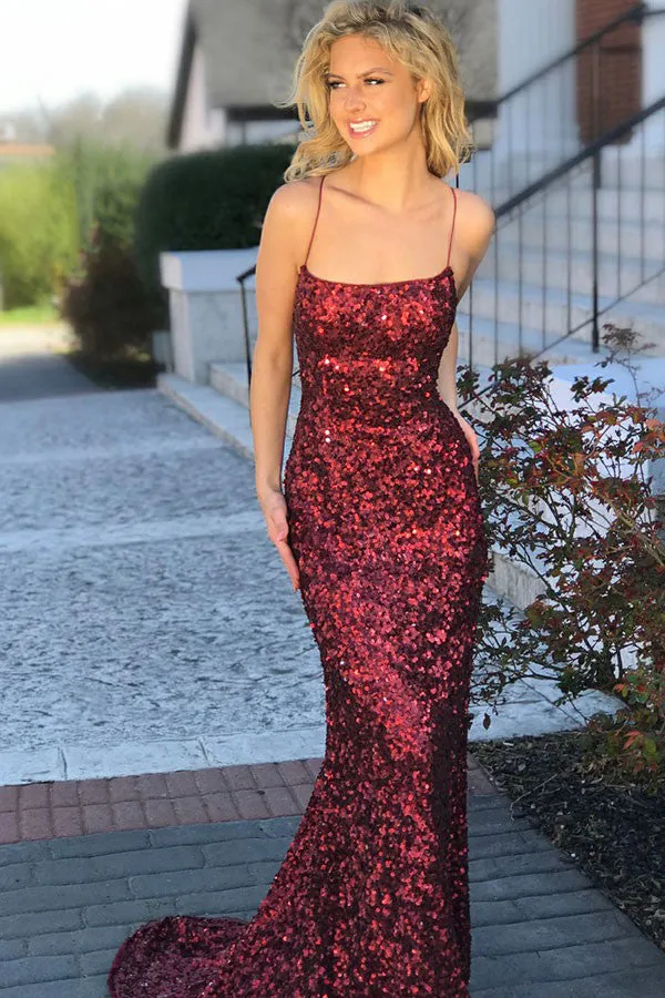 Sexy Sheath Mermaid Spaghetti Straps Criss Cross Burgundy Sequined Prom Dresses OKA30